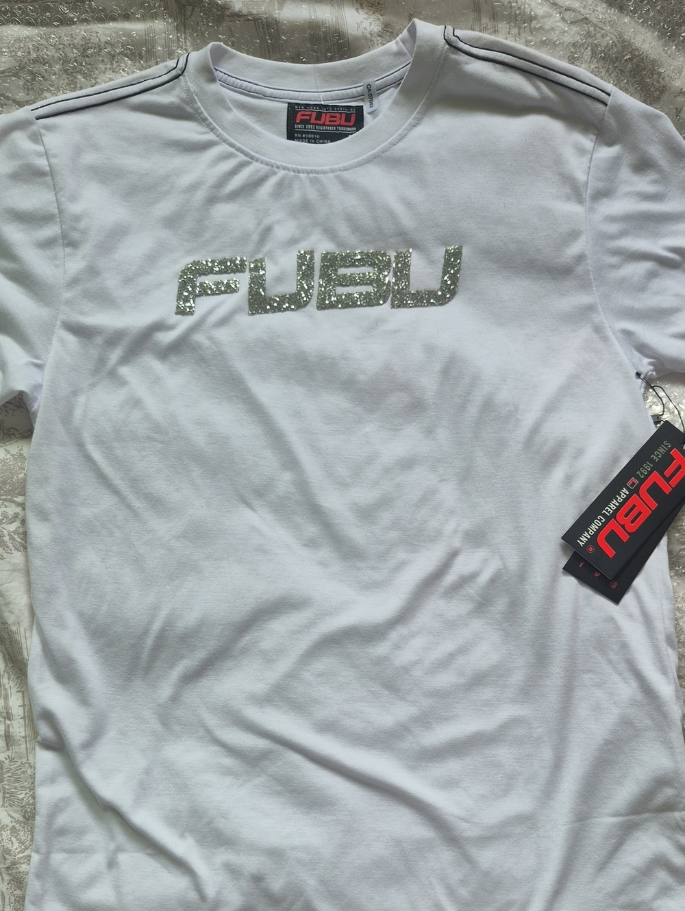 FUBU Men's White Logo Tee with Silver Rhinestone Glitter